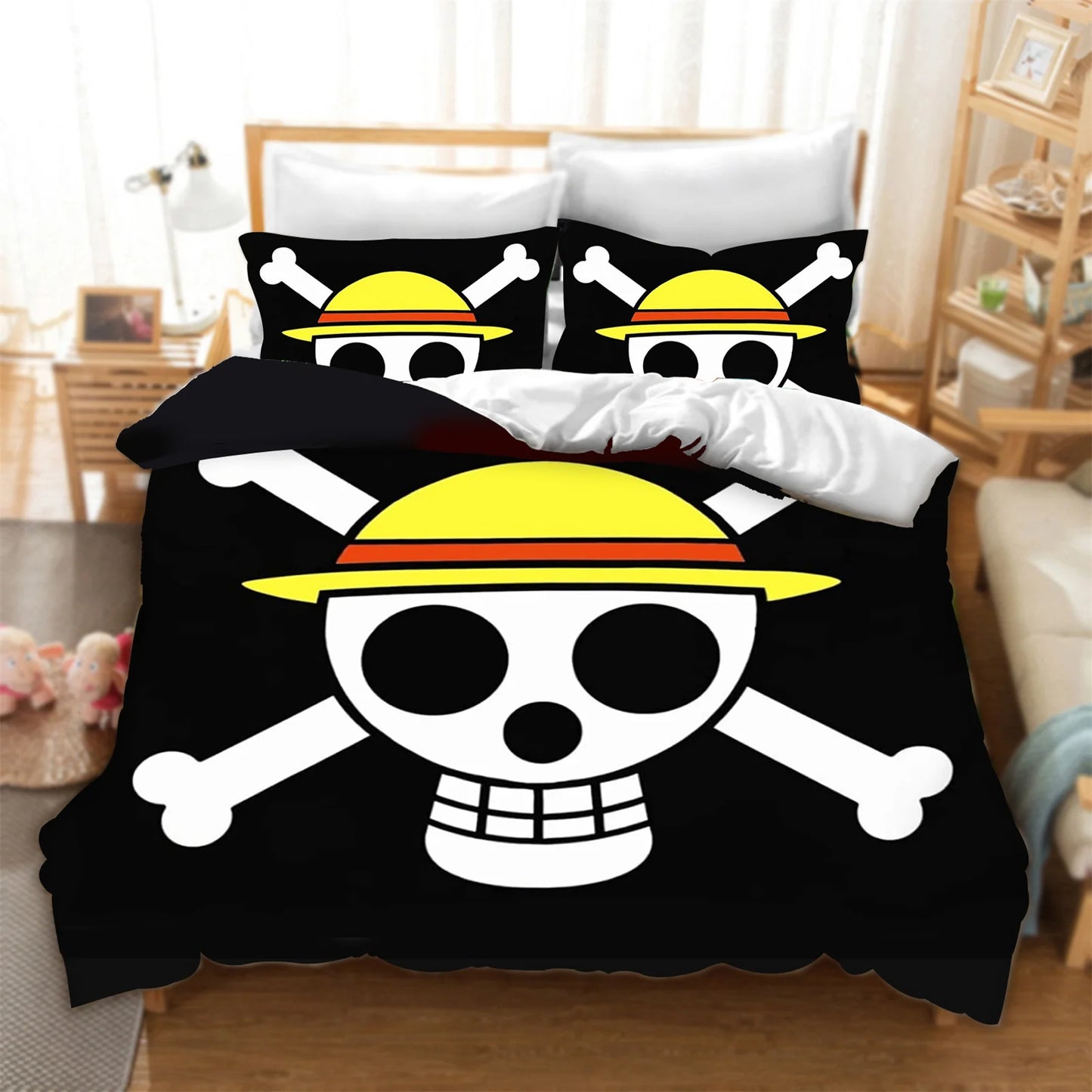 Parure de Lit One Piece - Logo Jolly Roger Mugiwara (Fond Noir)