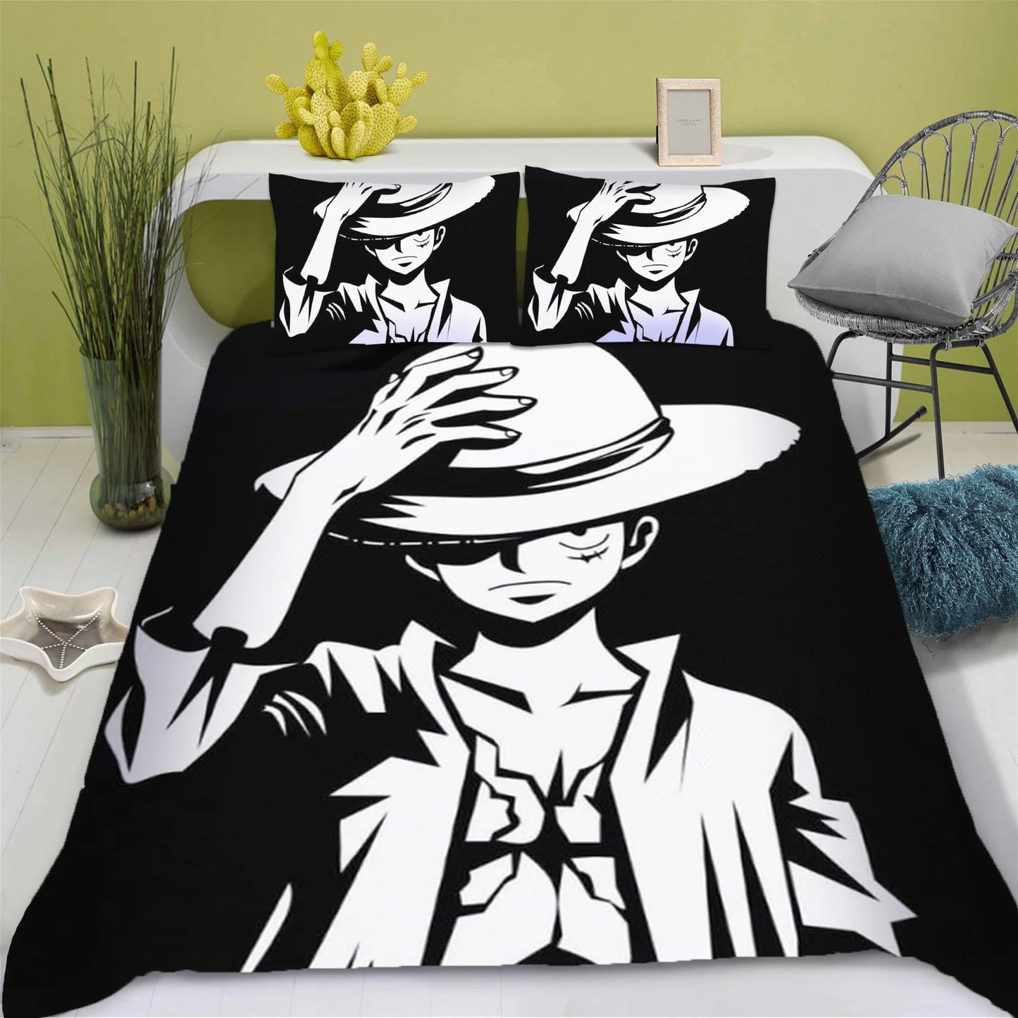 Parure de Lit One Piece - Design Noir & Blanc Monkey D. Luffy
