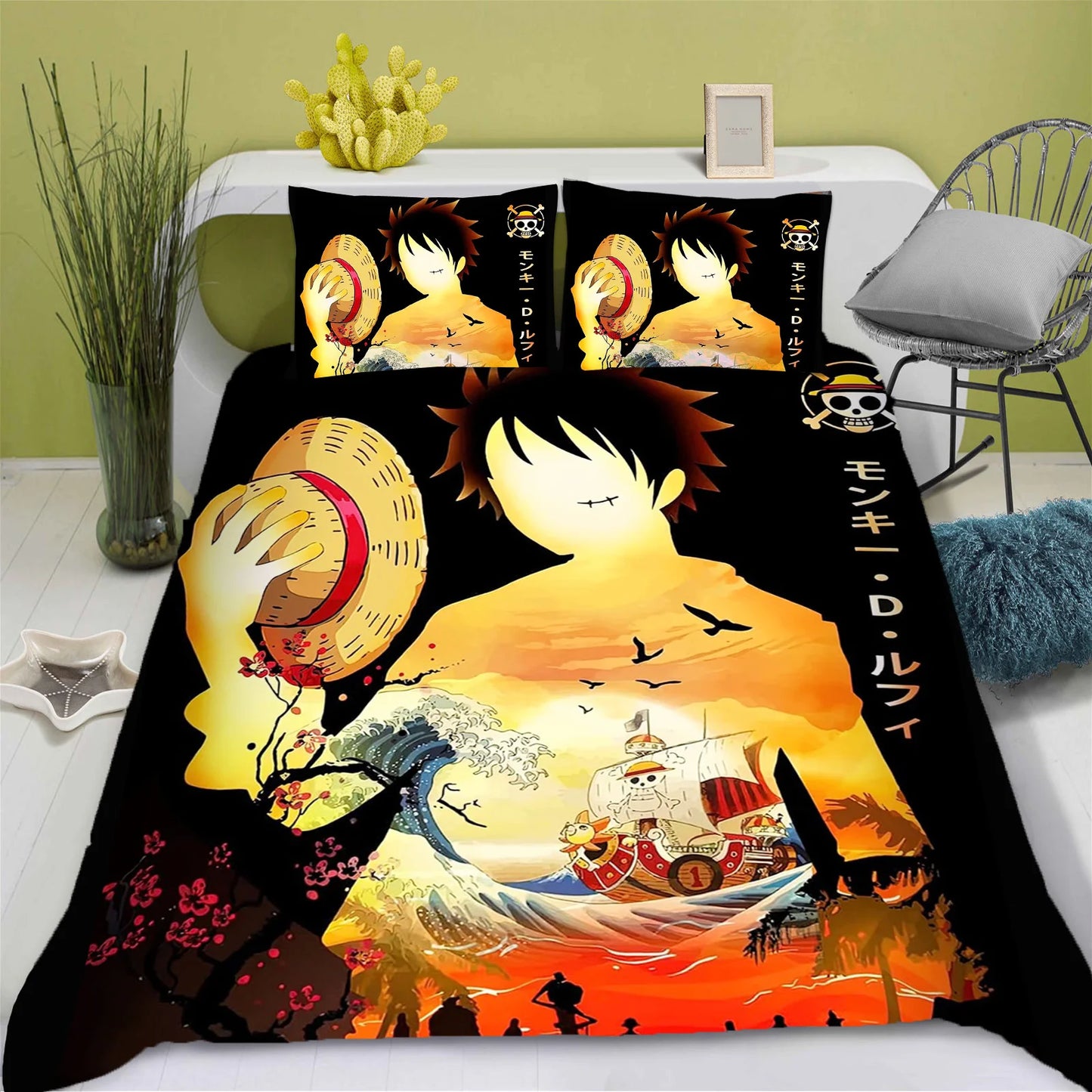 Parure de Lit One Piece - Monkey D. Luffy & Vogue Merry (Coucher de Soleil)