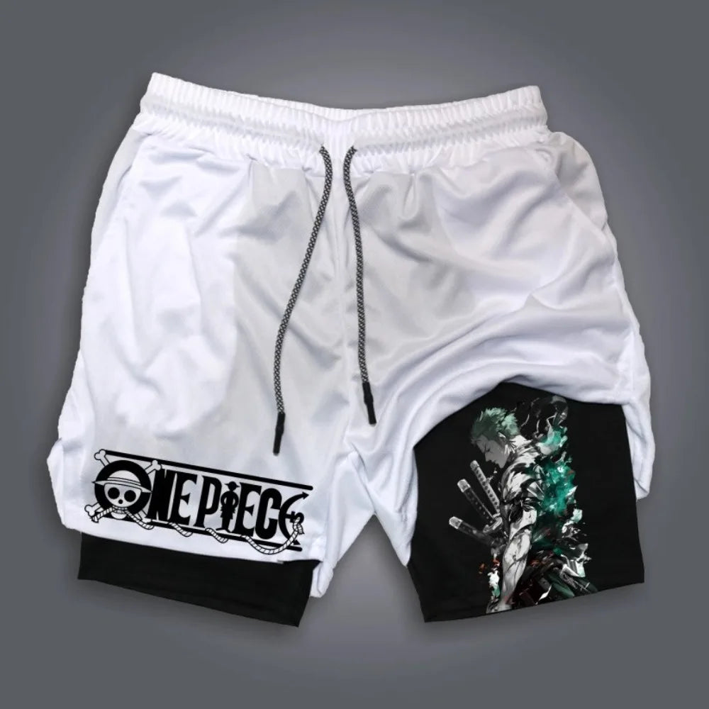 Pantalones cortos deportivos 2 en 1 de One Piece - Diseño estilo Zoro Wano (blanco)