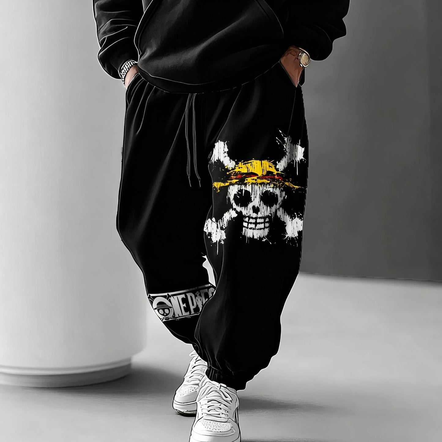 Pantalones deportivos de One Piece - Jolly Roger Straw Hat Crew (blanco sobre negro)