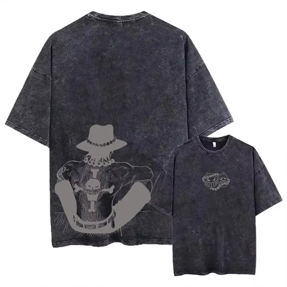 Maglietta vintage One Piece - Ritratto della silhouette di Ace (estetica dark)