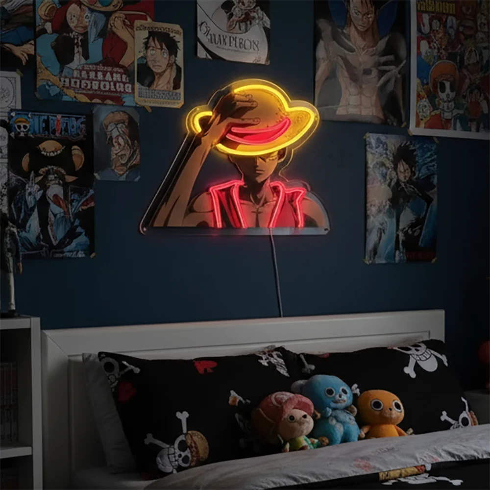 Lámpara de neón de One Piece: silueta de Luffy con sombrero de paja rojo