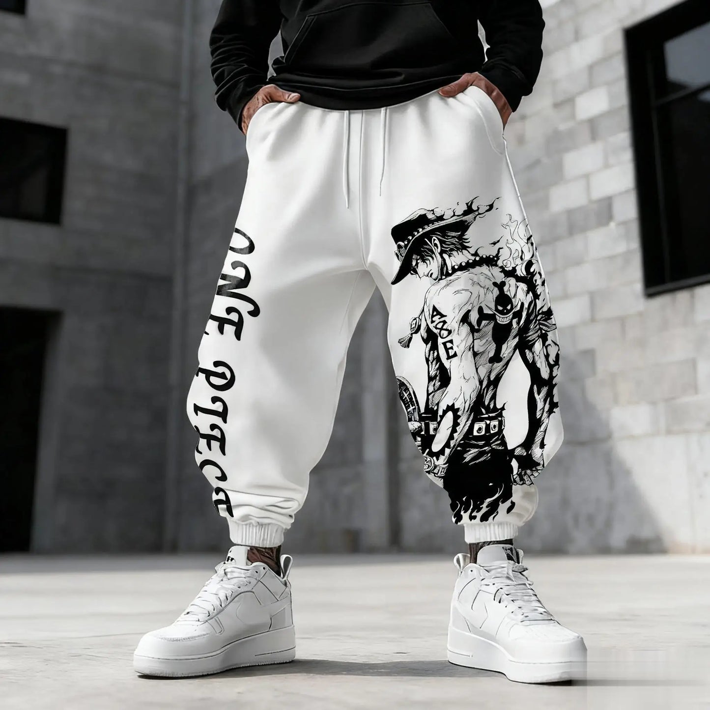 Pantalones deportivos de One Piece - Diseño manga completo en blanco y negro (gris/blanco)