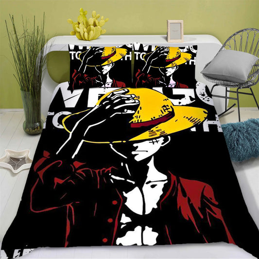 Parure de Lit One Piece - Luffy Silhouette & Chapeau (Noir & Blanc)