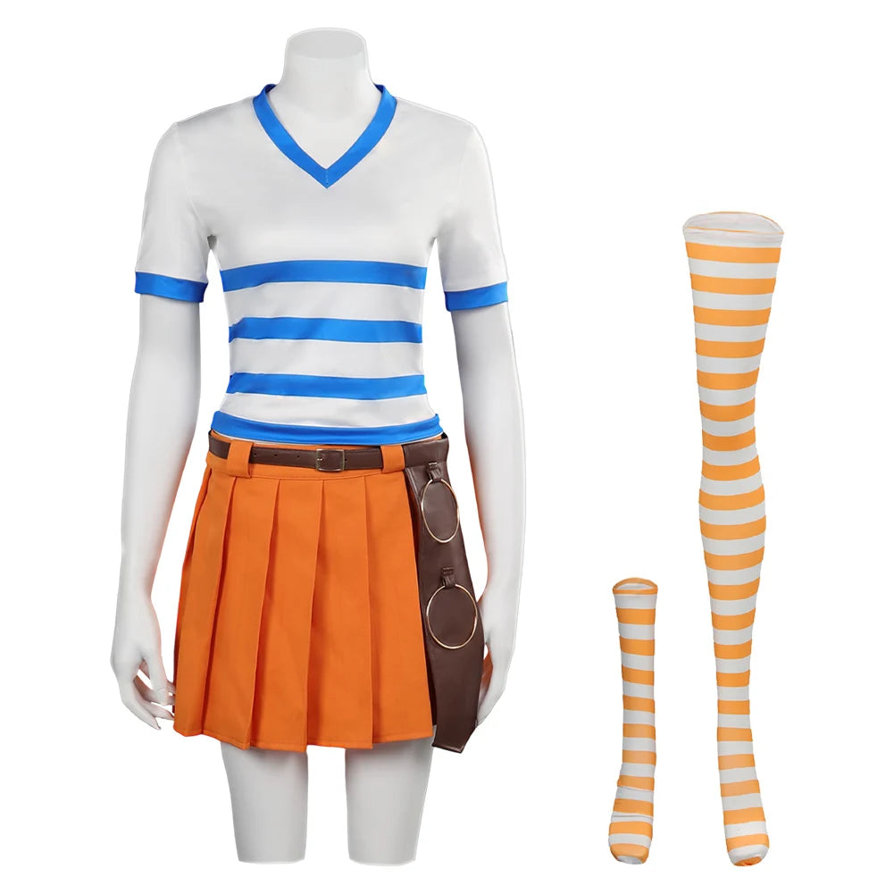 Disfraz de cosplay de One Piece - Traje de Nami (versión Zou con falda naranja)