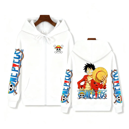 Sudadera con capucha de One Piece - Diseño de estampado completo de Monkey D. Luffy (blanca)