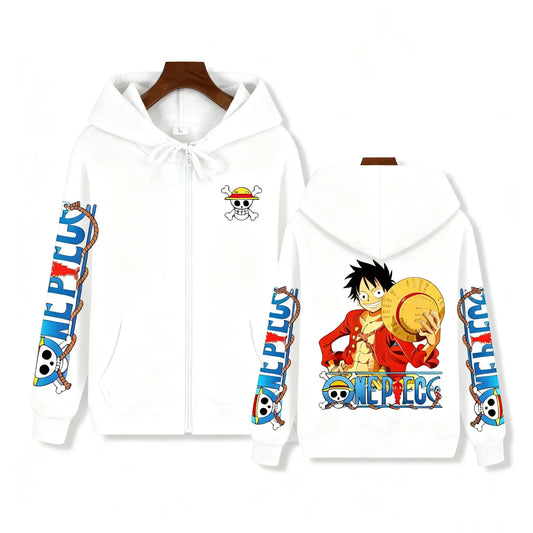 Felpa con cappuccio One Piece - Design con stampa completa di Monkey D. Luffy (bianca)