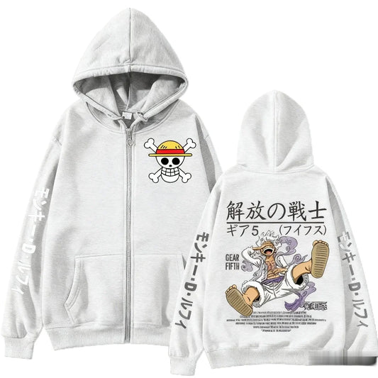 Felpa con cappuccio e zip One Piece - Gear 5 Nika &amp; Symbols (bianca)