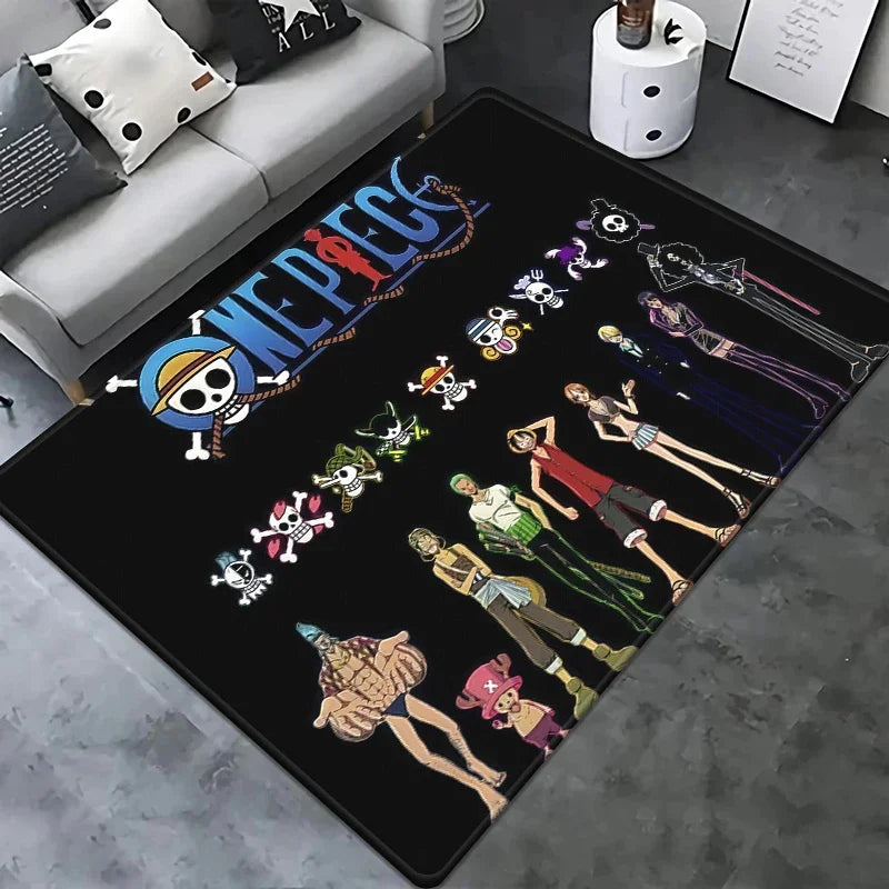 Alfombra de One Piece - Diseño "Jolly Roger" negro con personajes chibi