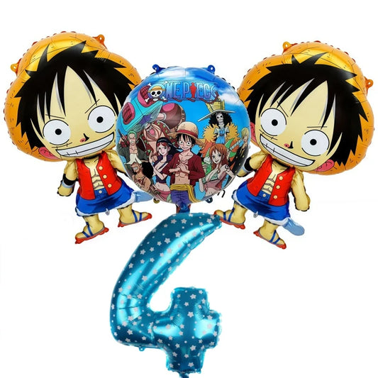 Kit palloncini One Piece - Decorazione per il 4° compleanno (Rufy e numero blu)