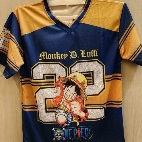 Maglia da calcio di One Piece Luffy - Maglia a righe gialle e blu (numero 22)