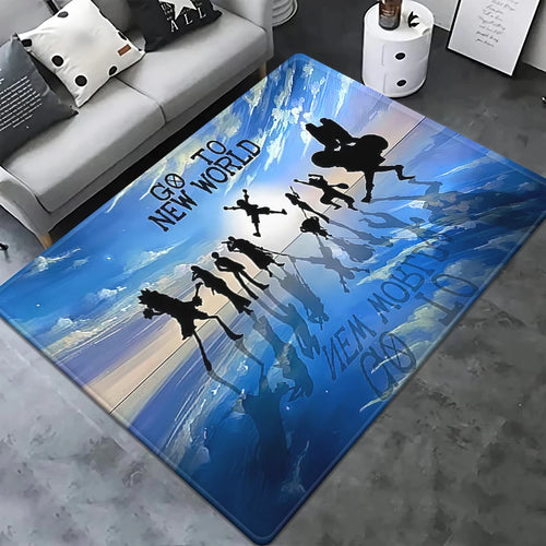 Tapis One Piece - Silhouette Équipage Mugiwara au Coucher de Soleil (Bleu)