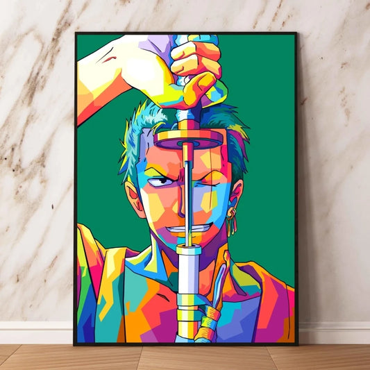 Pintura Pop Art de One Piece: Roronoa Zoro con la espada en la boca