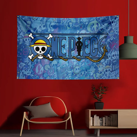 Bandera de One Piece - Logotipo clásico de Jolly Roger (fondo azul)