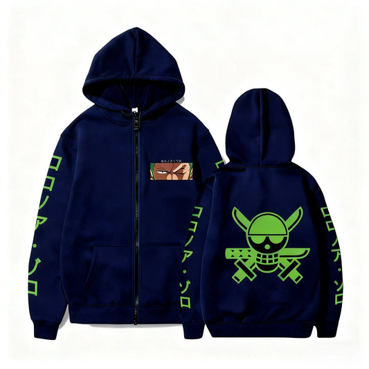 Felpa con cappuccio e zip One Piece - Roronoa Zoro e Sabres (blu navy)
