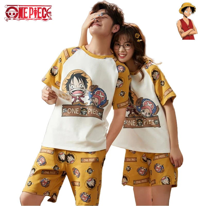 Pigiama per bambini One Piece - T-shirt e pantaloncini con motivo Luffy e Chopper (giallo)