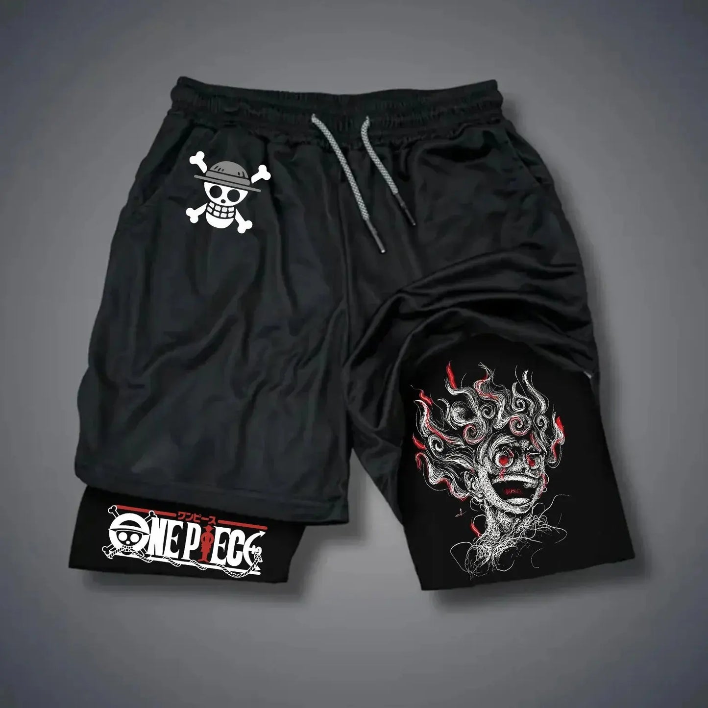 Pantalones cortos deportivos 2 en 1 de One Piece - Ilustración de Luffy Gear 4 Snakeman (negro)