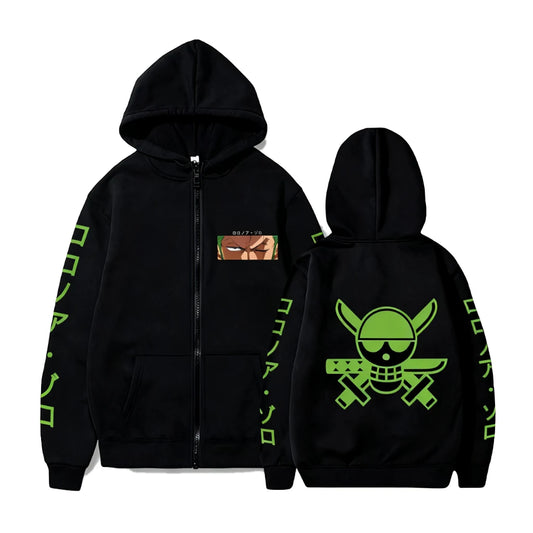 Felpa con cappuccio e zip One Piece - Design minimalista Zoro (nero)