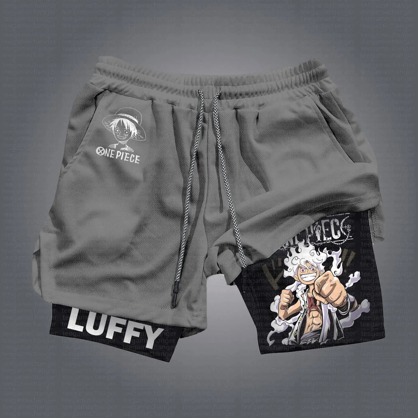 Pantalones cortos deportivos 2 en 1 de One Piece - Luffy Gear 5 "Joy Boy" (forro gris y negro)
