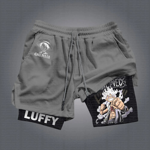 Pantalones cortos deportivos 2 en 1 de One Piece - Luffy Gear 5 "Joy Boy" (forro gris y negro)
