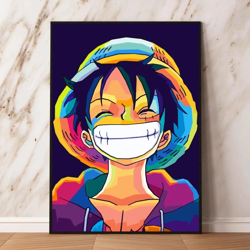 Dipinto pop art di One Piece - Monkey D. Luffy con un sorriso luminoso