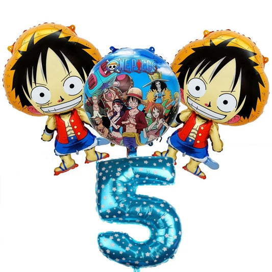 Kit palloncini One Piece - Decorazione per il quinto compleanno (Rufy e numero blu)