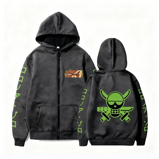 Felpa con cappuccio One Piece - Logo Zoro Roronoa (Nero e Verde)