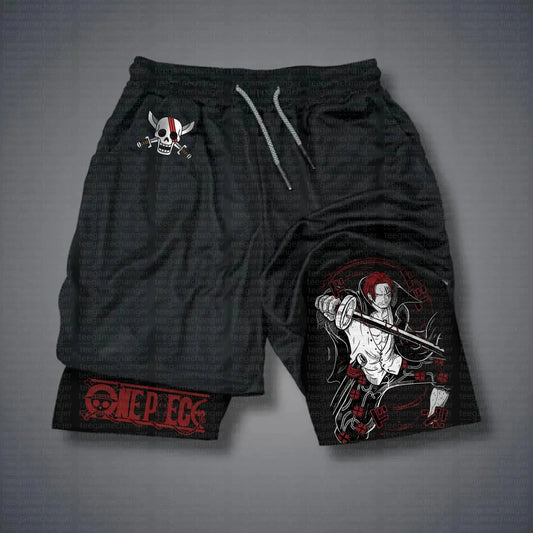Shorts deportivos 2 en 1 de One Piece - Diseño Shanks (negro y forro gráfico)