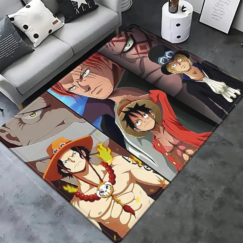 Alfombra de One Piece - Retrato de Luffy con el logotipo de Jolly Roger en negro