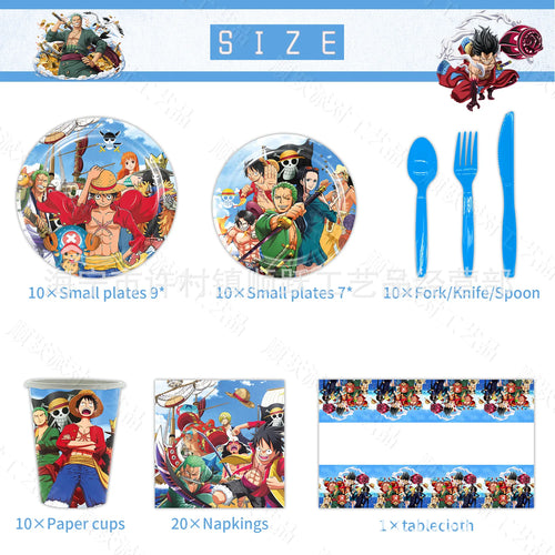 Pacchetto completo di compleanno One Piece: piatti, tazze e posate