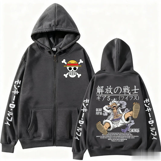 Felpa con cappuccio oversize One Piece - Gear 5 Nika &amp; Kanis (grigio antracite)